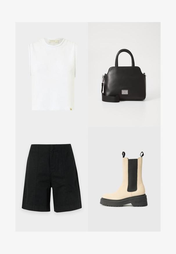White sleeveless knit top with a round neckline, ribbed hem, and side stitching details; features a small branded tag at the bottom.; Black tailored shorts made of lightweight fabric, featuring a structured design with vertical lines and a straight hem. No pockets visible.; Beige ankle boot with black elastic side panel and rubber sole, featuring a prominent brand logo on the heel. Simple, modern design.; Black synthetic handbag with top handles, detachable shoulder strap, rounded shape, smooth texture, and silver logo accent on the front.