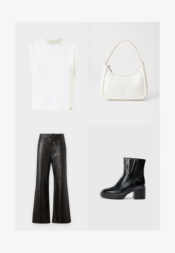 Top de malha sem mangas branco com decote redondo, bainha canelada e detalhes de costura lateral; apresenta uma pequena etiqueta de marca na parte inferior.; Calças pretas de couro com um design de perna larga, frente lisa e cintura atada. Apresentam costura detalhada e um estilo minimalista.; Botas de tornozelo de verniz preto com ponta curva, painéis laterais elásticos e um salto quadrado robusto. Apresenta um logotipo em relevo na parte de trás.; Mala de mão branca em pele com uma forma curva, apresentando um logo "CK" em relevo na frente e uma alça de ombro única. Fecho com zíper na parte superior.