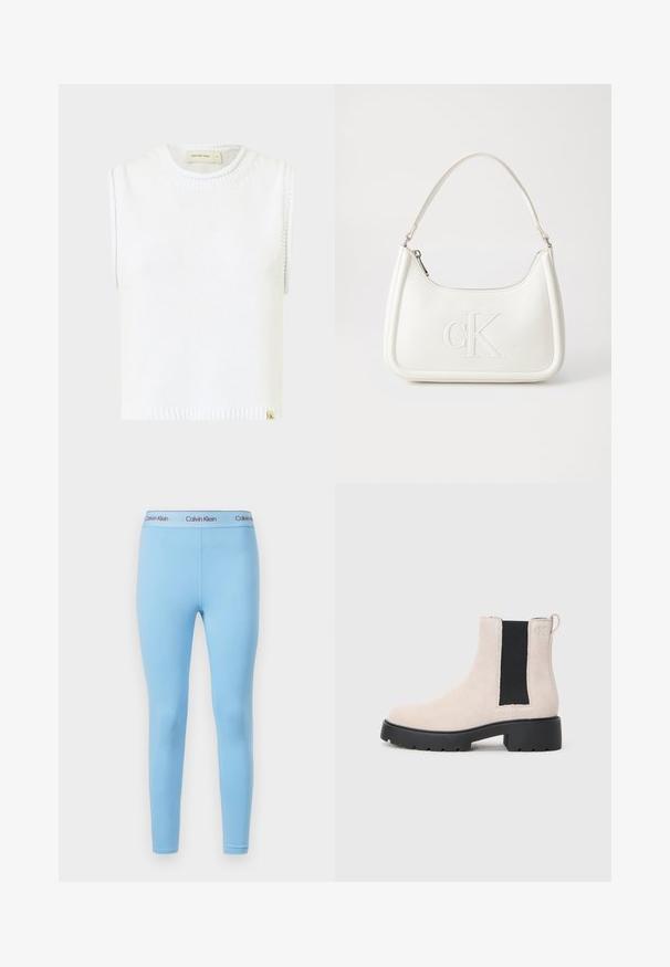 Biała bezrękawnikowa bluzka dzianinowa z okrągłym dekoltem, prążkowanym wykończeniem i detalami ściegów po bokach; posiada małą metkę marki na dole.; Niebieskie legginsy wykonane z gładkiego, elastycznego materiału, charakteryzujące się jednolitym kolorem oraz elastycznym pasem z logo "Calvin Klein" w kontrastowych kolorach.; Beżowe zamszowe botki Chelsea z czarną elastyczną wstawką po bokach, masywną czarną podeszwą i pętelką przy kostce.; Biała skórzana torebka o zaokrąglonym kształcie, z wytłoczonym logo "CK" z przodu i pojedynczym paskiem na ramię. Zapięcie na zamek z góry.