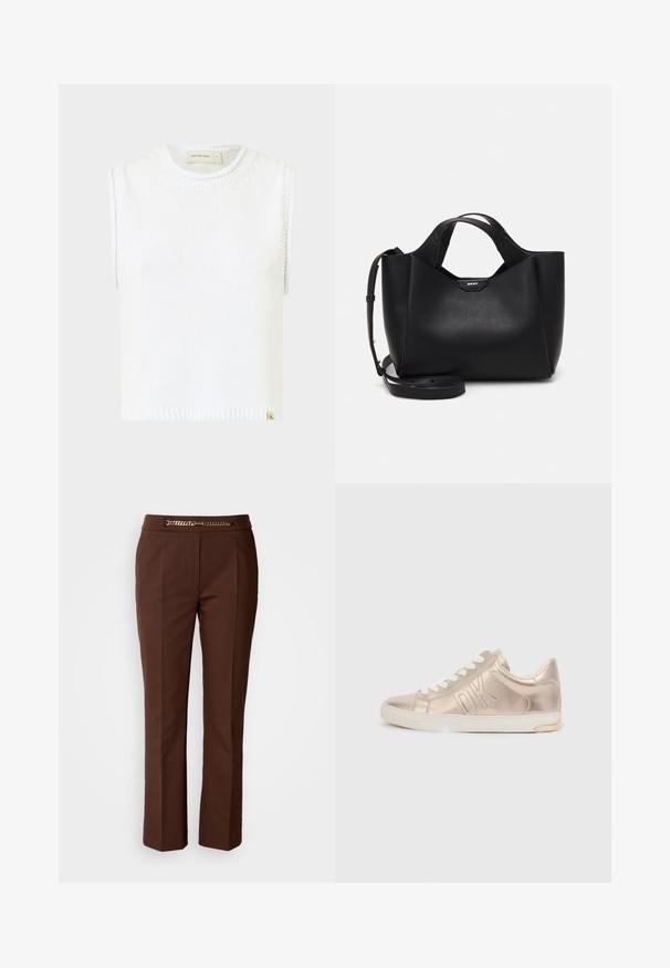 Witte mouwloze gebreide top met een ronde halslijn, geribbelde zoom en zijnaaddetails; beschikt over een klein merklabel aan de onderkant.; Bruine op maat gemaakte broek met een gladde textuur, voorzien van een gouden kettingaccent bij de taille en een rechte pijpdesign.; Metallische gouden sneaker met witte veters, voorzien van een gegraveerd "DK"-logo aan de zijkant, ronde neus en een gestructureerde leren afwerking. Witte zool met gouden accent.; Zwarte leren handtas met een gestructureerde afwerking, hoekige vorm, dubbele handgrepen en een verstelbare schouderriem. Bevat een accent met het DKNY-logo.