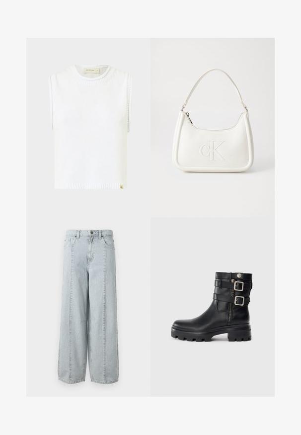 Hvit ermeløs strikket topp med rund halslinning, ribbet kant og sidesøm detaljer; har et lite merketag nederst.; Lyseblå vide jeans laget av denim med et vertikalt stripemønster, med forkoksler og knappelukking i midjen.; Svart lær ankelstøvel med doble spenne detaljer, glidelås, kraftig såle og jevn tekstur. Har et robust og stilfullt design.; Hvit lærveske med en buet fasong, med et preget "CK"-logo på forsiden og en enkel skulderstropp. Glidelåslukking på toppen.