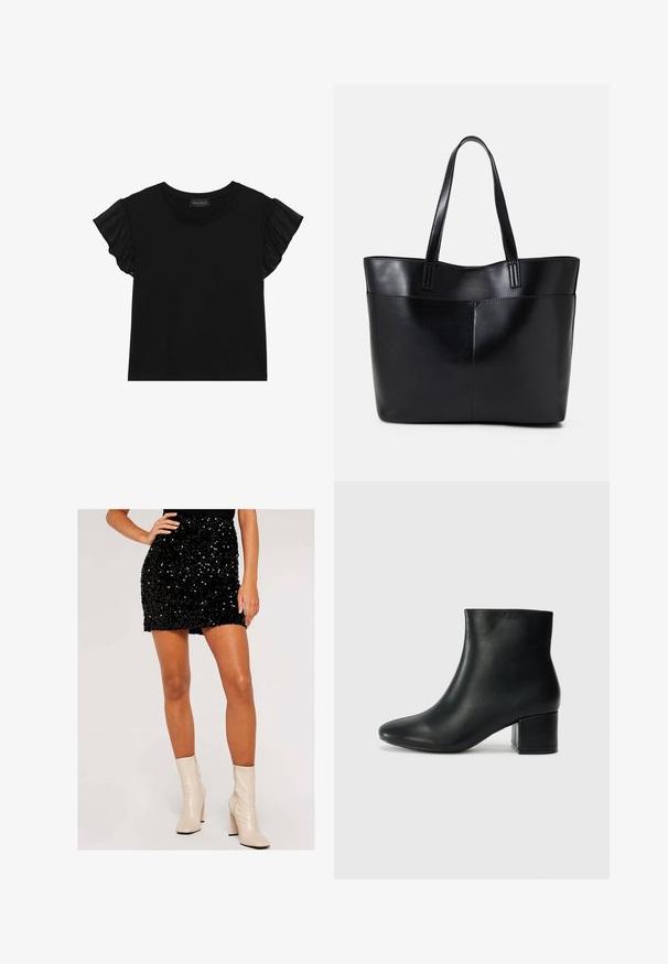T-shirt nero a maniche corte con dettagli in chiffon arricciato sulle maniche. Collo rotondo e design aderente realizzato in tessuto morbido e leggero.; Mini gonna nera con paillettes, design aderente, dal tocco morbido. Abbinata a stivali alla caviglia beige con zip e tacco a blocco.; Stivali neri in pelle fino alla caviglia con punta appuntita e tacco spesso. Texture liscia con minimi dettagli e un design elegante e aderente.; Borsa a tracolla in pelle nera con due manici lunghi, una texture liscia e una forma strutturata. Presenta una tasca frontale per ulteriore spazio di archiviazione.