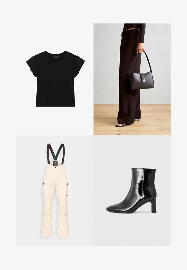 Melna īsām piedurknēm T-krekls ar caurspīdīgām volānu akcentiem uz piedurknēm. Apaļš kakls un pieguļošs dizains, kas izgatavots no mīksta, viegla auduma.; Kremlas krāsas slēpošanas bikses ar regulējamām tumšām siksnām, teksturētiem ceļgaliem, sānu kabatām un smalku logo detaļu apakšējā frontē.; Melnas patentētas ādas potīšu zābaki ar norādītu pirkstu un vidēja augstuma kvadrātveida papēdi. Gluda tekstūra un minimālisma dizains.; Melnā somiņa ar strukturētu formu, gludu tekstūru un metālu sprādzi. Saskaņota ar platām melnām biksēm un sandālēm ar atvērtu purngalu uz koka grīdas.
