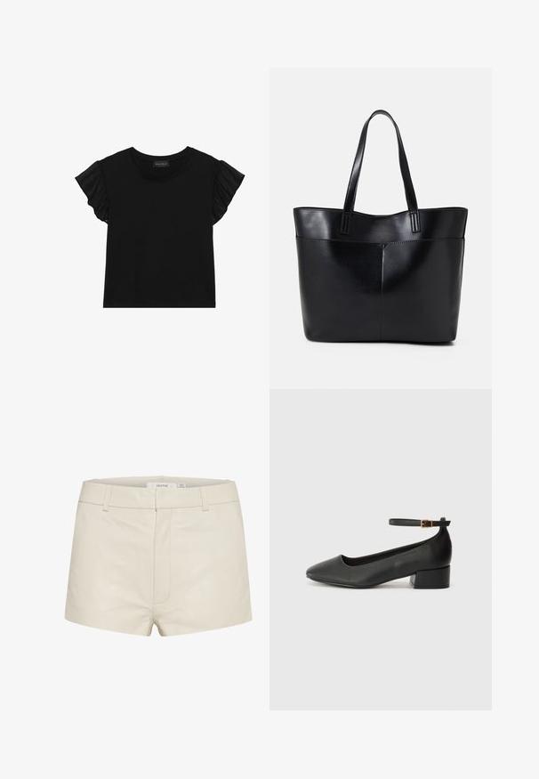 Črna kratka majica s kratkimi rokavi z prosojnimi volančkastimi detajli na rokavih. Okrogla izrezana in prilegajoča zasnova iz mehkega, lahkega materiala.; Bež usnjene kratke hlače z gladko teksturo, ki imajo prilegajoč pas, zanke za pas in diskretno sprednje šive. Preprost, sodoben dizajn.; Črne usnjene pumpice z nazobčanimi prsti in nizko blokasto peto. Imajo trak okoli gležnja z zaponko v zlatem tonu. Gladka tekstura.; Črna usnjena torba z dvema dolgima ročajema, gladko teksturo in strukturirano obliko. Ima sprednji žep za dodatno shranjevanje.