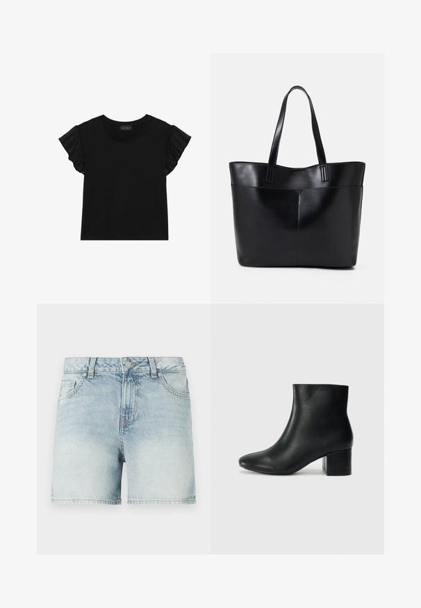 Melna īsām piedurknēm T-krekls ar caurspīdīgām volānu akcentiem uz piedurknēm. Apaļš kakls un pieguļošs dizains, kas izgatavots no mīksta, viegla auduma.; Gai zilas denim šorti ar augstu jostasvietu, kas aprīkoti ar pogu aizdari, pieciem kabatām un maigu nodiluma efektu, lai radītu teksturētu izskatu.; Melna ādas potīšu zābaki ar smailu purngalu un masīlu papēdi. Gluda tekstūra ar minimāliem akcentiem un gludu, pieguļošu dizainu.; Melnas ādas iepirkumu soma ar divām garām rokturām, gludu tekstūru un strukturētu formu. Iekļauj priekšējo kabatu papildu uzglabāšanai.