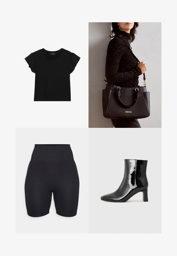 T-shirt preto de manga curta com detalhes de babados transparentes nas mangas. Decote redondo e um design ajustado feito de um tecido suave e leve.; Calças curtas pretas com nervuras e uma cintura alta, apresentando um design justo e uma textura suave. O comprimento chega até a metade da coxa.; Botim de tornozelo em pele sintética preta com bico apontado e salto bloco de altura média. Textura suave e design minimalista.; Bolsa preta com superfície texturizada, alças superiores duplas e alça de ombro ajustável. Apresenta ferragens em tom dourado e bolsos laterais.