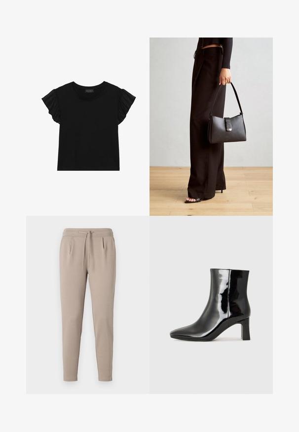 Juodas trumpomis rankovėmis marškinėliai su skaidriais volanais rankovėse. Apvalus kaklas ir prigludęs dizainas, pagamintas iš minkštos, lengvos medžiagos.; Smėliniai džinsai, pagaminti iš minkštos medžiagos, su guma lemiančia juosmeniu ir raišteliu, bei šoninėmis kišenėmis. Nusidėvėję kojos dizainas.; Juodos lakuotos odinės aulinukės su smailiu pirštu ir vidutinio aukščio blokuotu kulnu. Lygus paviršius ir minimalistinis dizainas.; Juodas rankinė struktūrizuota forma, lygi tekstūra ir metalinis užsegimas. Suporuota su plačiomis juodomis kelnėmis ir atvirais bateliais ant medinių grindų.