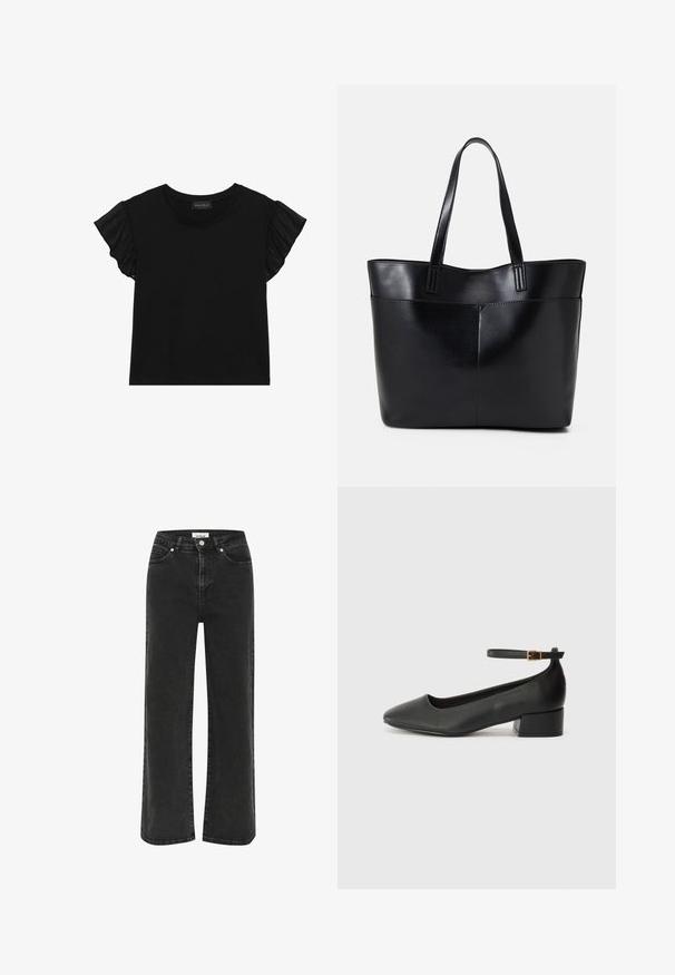 Melna īsām piedurknēm T-krekls ar caurspīdīgām volānu akcentiem uz piedurknēm. Apaļš kakls un pieguļošs dizains, kas izgatavots no mīksta, viegla auduma.; Melni platā kājstarpes džinsi, izgatavoti no denima, ar augstu jostasvietu, priekšējām kabatām un rāvējslēdzēju ar pogu aizdari. Audums ar smalku izbalēšanu.; Melnas ādas sūkņi ar smailu purngalu un zemu bloku papēdi. Iezīmēts ar potītes siksniņu ar zelta krāsas sprādzi. Gluda tekstūra.; Melnas ādas iepirkumu soma ar divām garām rokturām, gludu tekstūru un strukturētu formu. Iekļauj priekšējo kabatu papildu uzglabāšanai.