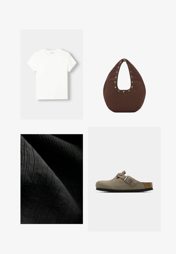 White cotton t-shirt with a crew neckline and short sleeves. Simple design, smooth texture, no patterns or accents.; Textured black fabric with a subtle ribbed pattern, slightly reflective, draping in folds that enhance its depth and tactile quality.; Suede clogs in light olive green with a molded cork and rubber sole. Features a side strap with a metal buckle and a rounded toe.; Brown tote bag with a curved shape, featuring a large cutout handle adorned with silver studs along the edge. Made of soft fabric.