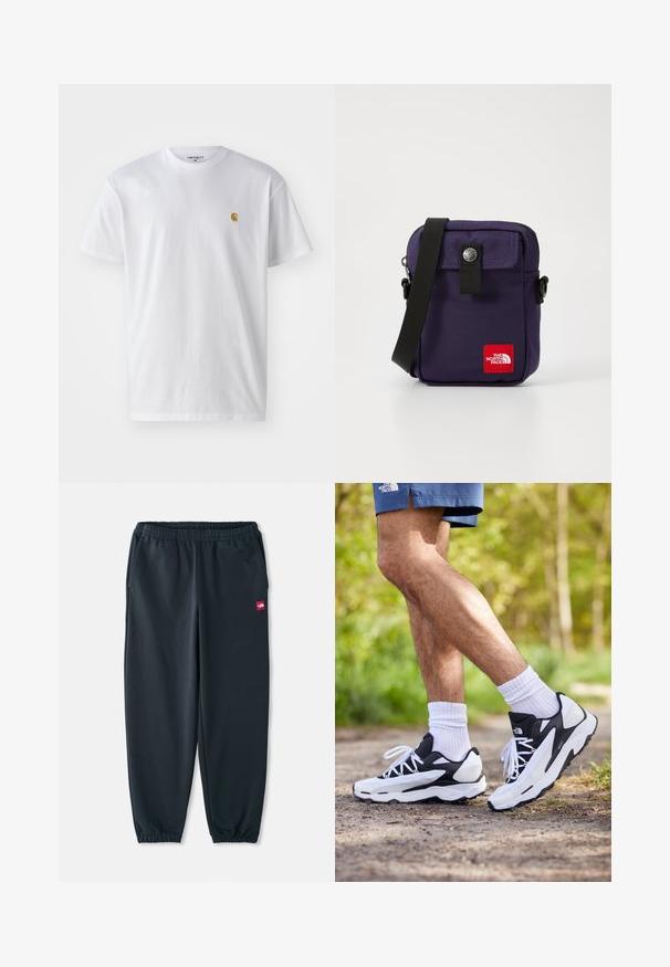 Tricou alb din bumbac, cu mâneci scurte, gât echipat, având un mic logo auriu în zona stânga a pieptului. Textură moale și croială normală.; Pantaloni sportivi negri dintr-un material neted, cu talie elastică, mansete la glezne și un mic patch roșu cu logo pe lateral.; Pantofi sport alb-negru cu partea superioară din plasă, accente texturate și șireturi albe. Purtați cu șosete albe până la gleznă și pantaloni scurți bleumarin pe o alee.; Geantă de umăr din nailon mov, cu clapetă frontală, închidere cu buton tip snap, curea neagră ajustabilă și o etichetă cu logo roșu pe față.