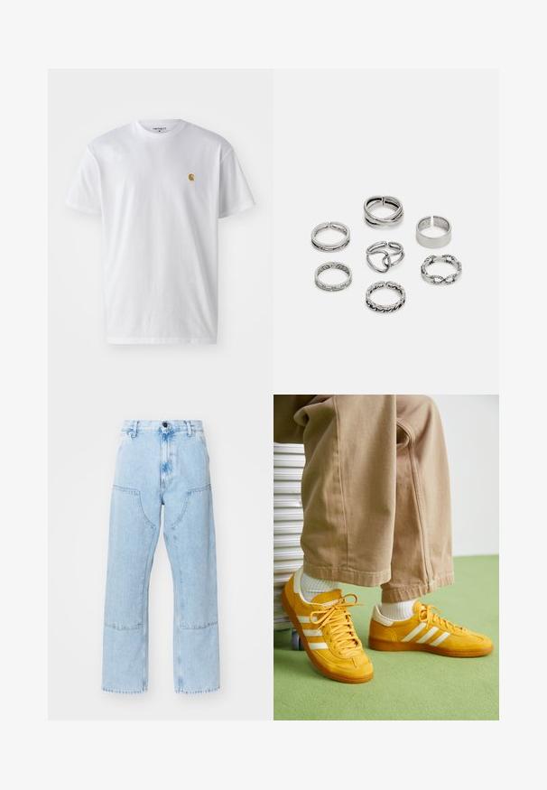 Bela bombažna majica s kratkimi rokavi, krožnim ovratnikom, z majhnim zlatim logotipom na levem prsnem predelu. Mehka tekstura in običajen kroj.; Svetlo modri, ravni denim hlače z velikimi sprednjimi žepi in kontrastnim šivom. Tkanina ima bled, mehak videz.; Rumene semiš tene z belimi črtami, z gumijastim podplatom, tkaninskimi vezalkami in oblazinjenim ovratnikom, v kombinaciji s bež bombažnimi hlačami.; Set sedmih srebrnih prstanov z različnimi oblikami, vključno s prepletenimi, povezanimi in graviranimi motivi. Različne oblike in širine.
