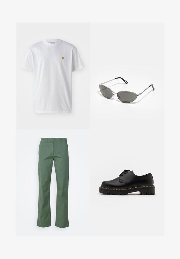 Hvid bomulds t-shirt med korte ærmer, rund hals og et lille guld logo på venstre brystområde. Blød tekstur og almindelig pasform.; Grønne bomuldsbukser med lige ben-design, der har en frontal knaplukning og sidelommer. Glat tekstur og uden mønstre.; Sort læder snøresko med en rund tå, tekstureret gummisål og gule stikninger omkring bunden. Flad design og glat finish.; Solsikker med en slank, sølvmetalramme, gråtonede linser og et aerodynamisk design med spidse kanter og tynde arme.; Sort quiltet totebag med en stor åbning, buede former på overfladen og et mærke med gul og hvid tekst på forsiden.