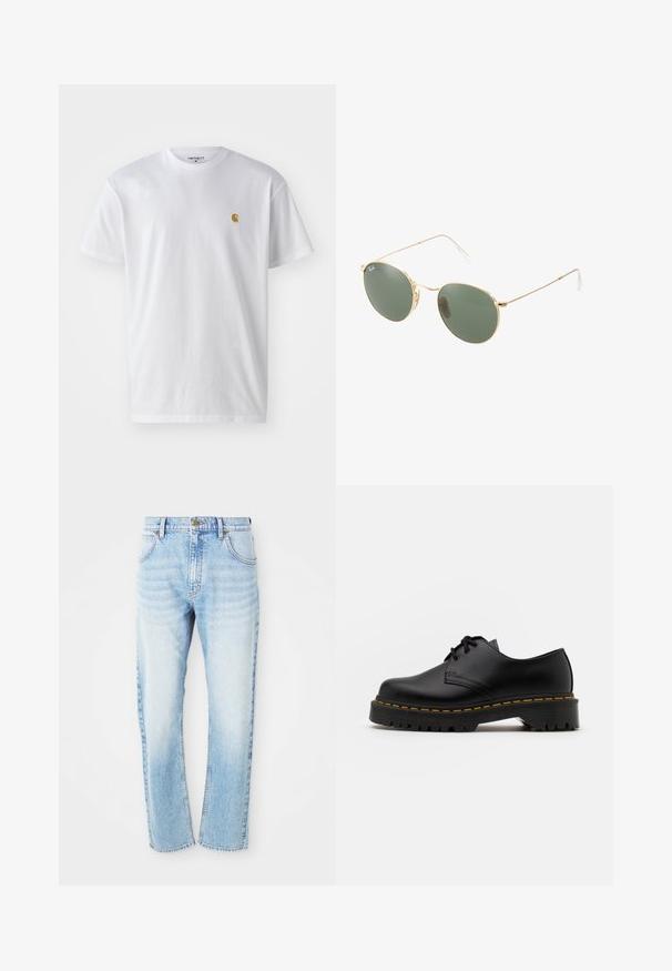 T-shirt bianco in cotone con maniche corte, con colletto girocollo, caratterizzato da un piccolo logo dorato sulla parte sinistra del petto. Tessuto morbido e vestibilità regolare.; Jeans in denim blu chiaro a gamba dritta con tasche frontali, passanti per cintura e chiusura a bottone.; Scarpa nera in pelle con lacci, punta arrotondata, suola in gomma texturizzata e cuciture gialle attorno alla base. Design piatto e finitura liscia.; Occhiali da sole con montatura metallica dorata, lenti verdi, forma rotonda, aste sottili e dettagli in plastica bianca sulle punte delle aste.