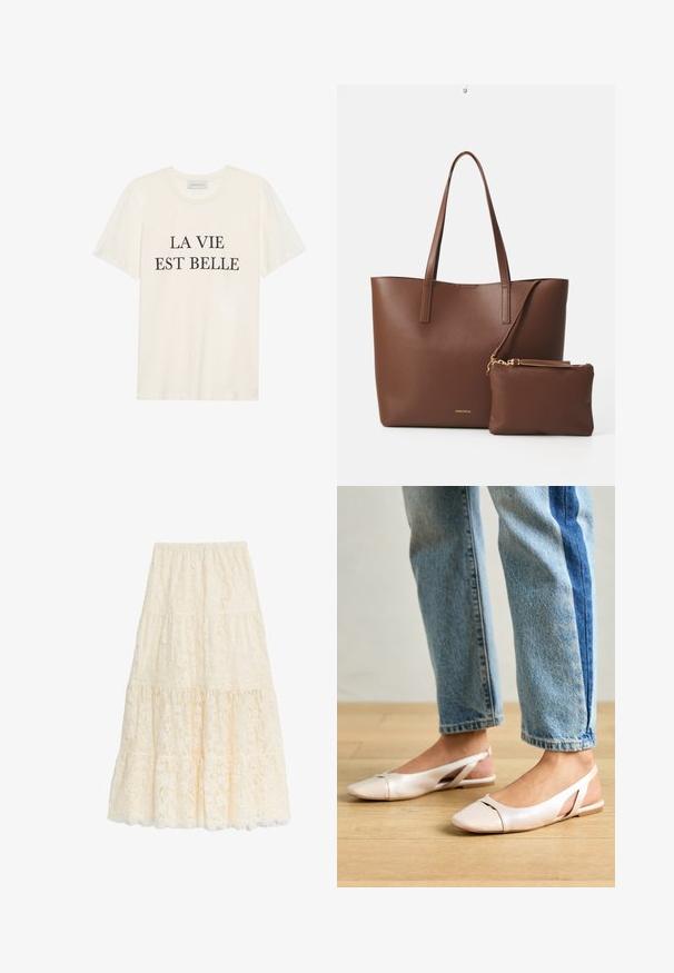 Kræmfarvet bomulds T-shirt med korte ærmer og rund halsudskæring. Har sort tekst "LA VIE EST BELLE" centreret på forsiden.; Maxi nederdel i blød elfenben, med et lagdelt design, bølget kant, elastisk talje og blomster-lace mønster over det hele.; Lyserøde slingback flade sko med spidse tær, lavet af et glat læderlignende materiale. Har udskæringsdetaljer på siderne og en flad hæl.; Brun faux læder tote taske med to lange håndtag og en matchende lille pung. Overfladen har et struktureret mønster og guldfarvede hardware detaljer.