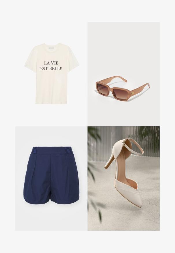 Krēmkrāsas kokvilnas T-kreklu ar īsām piedurknēm un apaļu kakla izgriezumu. Priekšpusē centrā ir melnā teksts "LA VIE EST BELLE".; Jūras zila īsās bikses ar gludu tekstūru, ar rakstainu jostasvētku un krokām priekšpusē. Izstrādātas komfortam un mobilitātei.; Balta augstpapēžu kurpe gludā materiālā ar smailu purngalu un potītes siksniņu. Iekšpuse ir gaiši brūna, un ir zelta tonī detalizējumi.; Brūnas taisnstūra saulesbrilles ar gradāciju lēcām, biezām rāmī, un logotipa detaļu sānos. Gluda plastmasas materiāla, minimālisma dizains.