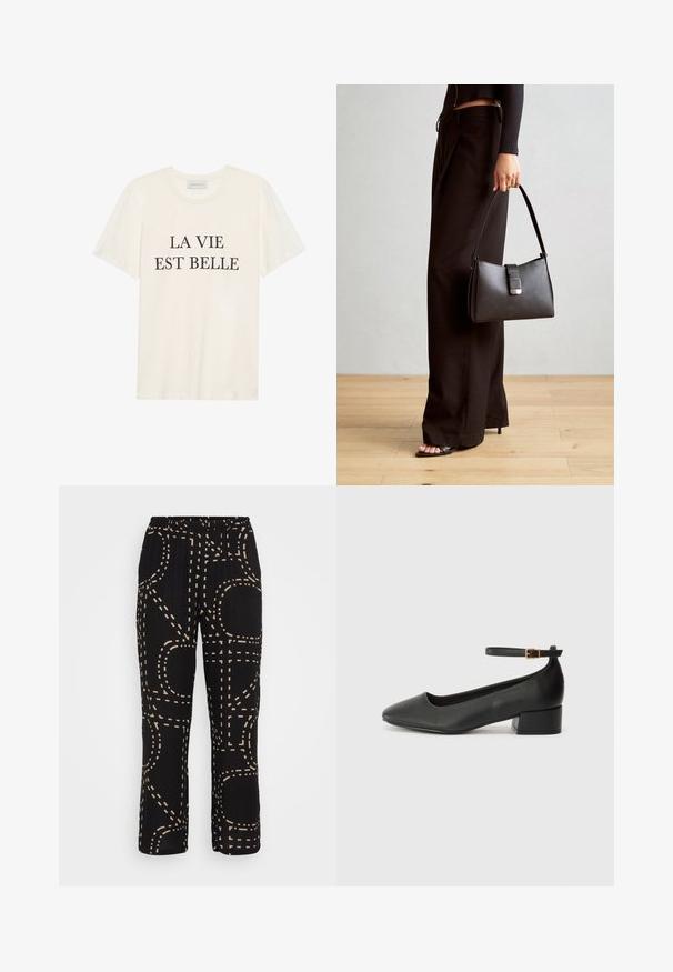 Krämfärgad bomulls-T-shirt med korta ärmar och rund halsringning. Har svart text "LA VIE EST BELLE" centrerad på framsidan.; Svarta byxor med en lös passform, med ett krämfärgat randigt mönster i olika former. Midjan är elastisk för komfort.; Svart läderpump med spetsig tå och en låg klack. Har en ankelsnodd med en guldtonad spänne. Slät textur.; Svart handväska med strukturerad form, slät yta och metallspänne. Matchad med vida svarta byxor och sandaler med öppen tå på trägolv.