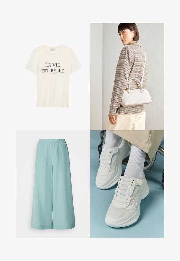 Krémové bavlnené tričko s krátkymi rukávmi a okrúhlym výstrihom. Na prednej strane sa nachádza čierny nápis "LA VIE EST BELLE", umiestnený na strede.; Bledé modré nohavice so širokými nohavicami vyrobené z ľahkej tkaniny, s elastickým pásom a čistým, minimalistickým prešívaním.; Biele tenisky s materiálom z mlátenice, gumovou podrážkou, bezšnúrovým dizajnom s elastickými pásikmi a pozlátenými akcentmi.; Biela štruktúrovaná kabelka s krátkymi rúčkami a ramenným popruhom, s zlatými kovovými prvkami a textúrovaným materiálom, vystavená na šedom pozadí.