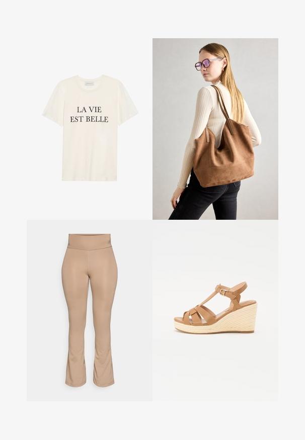 Crème-kleurig katoenen T-shirt met korte mouwen en een ronde hals. Voorzien van zwarte tekst "LA VIE EST BELLE" gecentreerd op de voorkant.; Huidskleurige legging met een hoge tailleband, uitlopende zoom, gladde textuur en geen zichtbare patronen of metalen details.; Tan wedge sandalen met een kruisbandontwerp, verstelbare enkelgesp en een gestructureerde geweven espadrille-achtige wig.; Bruine suède totebag met zachte textuur, grote opening en lange hengsels. Het heeft een eenvoudig ontwerp met zichtbare stiksels en geen hardware.