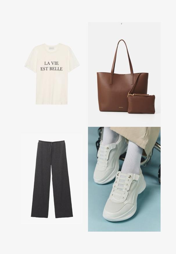 T-shirt in cotone color crema con maniche corte e scollo rotondo. Presenta il testo nero "LA VIE EST BELLE" al centro della parte anteriore.; Pantaloni a gamba larga in grigio scuro, con un tessuto testurizzato e una vita elastica con cordoncino. Design semplice e minimalista.; Sneaker bianchi realizzati in materiale a rete, suola in gomma, design senza lacci con bande elastiche e dettagli in tonalità oro.; Borsa a tote in finta pelle marrone con due manici lunghi e una piccola pochette coordinata. La superficie presenta un motivo testurizzato e dettagli in metallo dorato.