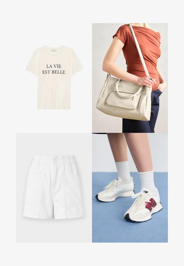 Kremfarget bomulls T-skjorte med korte ermer og rund hals. Har svart tekst "LA VIE EST BELLE" sentrert på fronten.; Hvite bomullsshorts med elastisk midjebånd, med en frontknapp, to sidelommer og et rent, enkelt design.; Par med hvite joggesko med bordeaux detaljer, teksturerte paneler, flat svart yttersåle og lette snøringer, iført hvite ankelstrømper.; Hvit skinnveske med doble håndtak og avtagbar stroppe, med en frontlomme med glidelås og glatt tekstur. Bært på en persons arm.