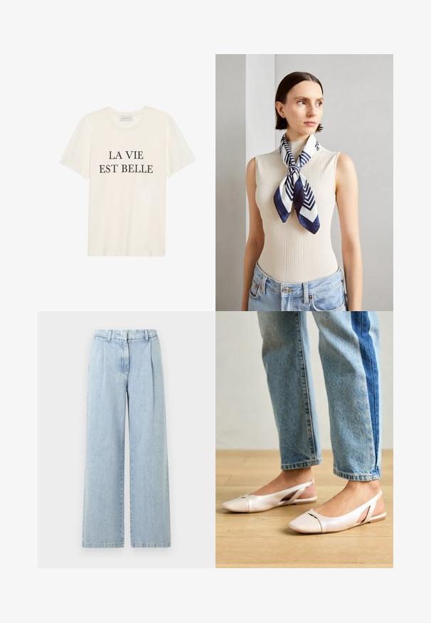 Krēmkrāsas kokvilnas T-kreklu ar īsām piedurknēm un apaļu kakla izgriezumu. Priekšpusē centrā ir melnā teksts "LA VIE EST BELLE".; Gaiši zili džinsa platā kāju bikses ar krokām, elastīgu jostu un izbalējušu krāsu. Ievērojama taisna piegrieza un pabeigti apakšmalas.; Bālti rozā siksniņu dzīvokļi ar smailu purngalu, izgatavoti no gludas ādas līdzīgās materiāla. Iezīmē izgriezumu detaļas sānos un platu papēdi.; Zīda šalle tumši zilā un baltā krāsā ar ģeometrisku zigzaga rakstu. Gluda tekstūra, sakārtota pie kakla, papildinot ribotā topa izskatu.