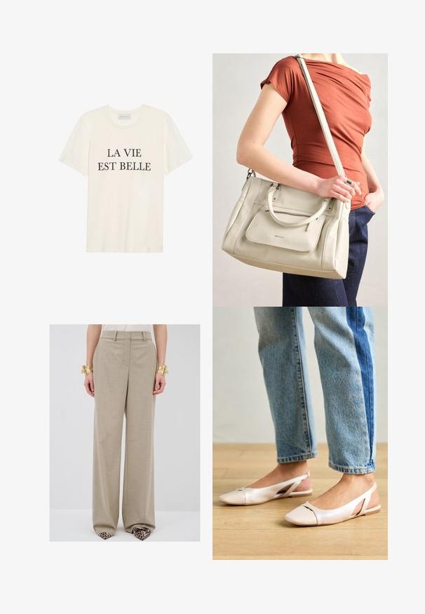 Camiseta de algodón color crema con mangas cortas y un cuello redondo. Presenta el texto negro "LA VIE EST BELLE" centrado en la parte delantera.; Pantalones de pierna ancha beige con una textura sutil, que cuentan con bolsillos frontales, una cintura ajustada y una silueta recta.; Bailarinas de color rosa pálido con tiras traseras y punta puntiaguda, fabricadas con un material similar al cuero suave. Presentan detalles recortados en los laterales y un tacón plano.; Bolso de mano de cuero blanco con asas dobles y correa desmontable, con un bolsillo delantero con cremallera y textura suave. Sosteniéndolo en el brazo de una persona.