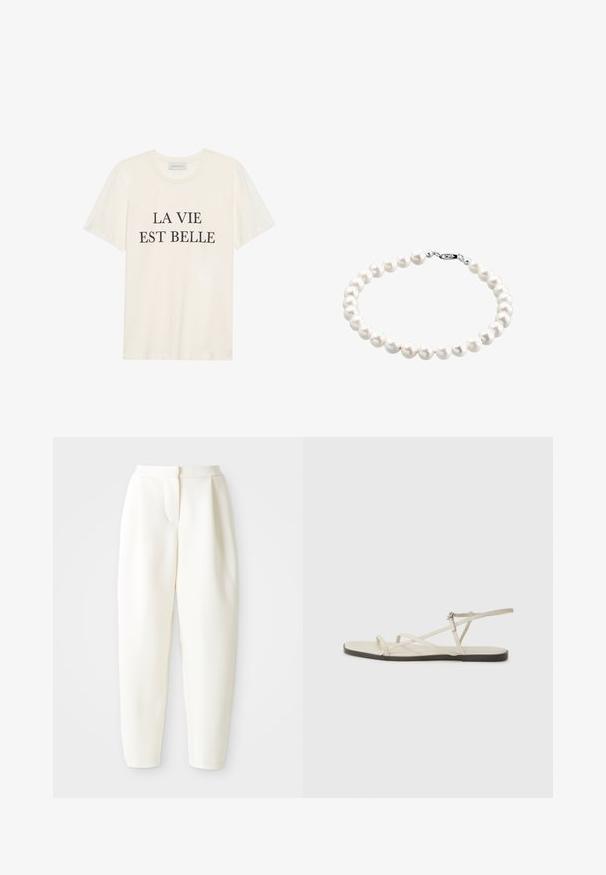 Kremna bombažna majica s kratkimi rokavi in okroglim izrezom. Na sprednji strani je osredotočeno črno besedilo "LA VIE EST BELLE".; Bela visoko pasovana tapered hlače z zadrgo na sprednji strani in stranskimi žepi, prikazane na enotnem belem ozadju.; Beige ravne sandale z več tankimi trakovi in nastavljivim zaponcem. Podplat je raven z rahlo temnim kontrastom na robu.; Bela biserna zapestnica z okroglimi biseri, gladko teksturo in srebrnim zapiranjem. Enotna velikost in oblika biserov, ki ponuja klasičen dizajn.