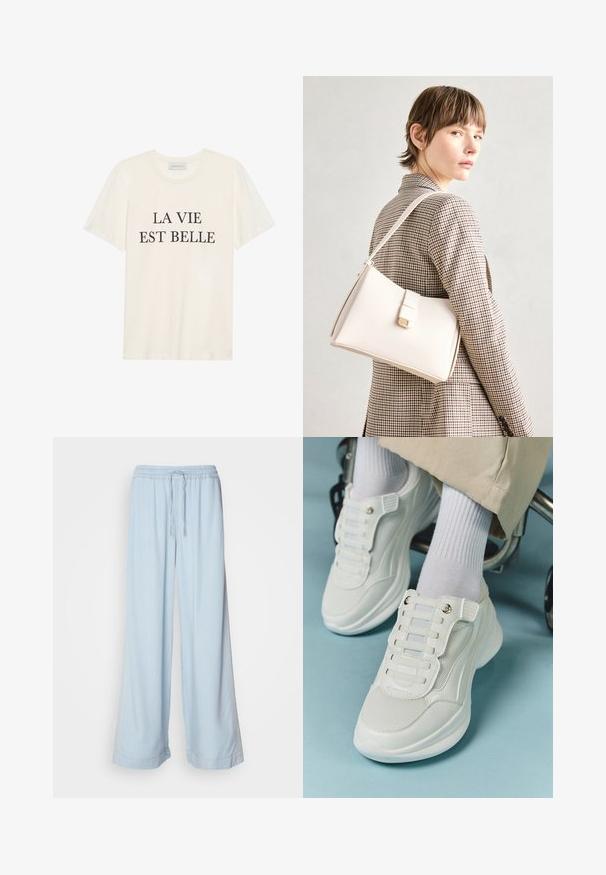 Majica od kremaste pamučne tkanine s kratkim rukavima i okruglim izrezom. Na prednjoj strani se nalazi crni natpis "LA VIE EST BELLE" u centru.; Svijetloplave široke hlače s elastičnom gumom u struku i vezicom, izrađene od glatkog materijala s suptilnim detaljima šivanja sa strane.; Bijele tenisice s mrežastim materijalom, gumeni potplat, dizajn bez vezica s elastičnim trakama i zlatnim detaljima.; Bijela kožna torba s čvrstim dizajnom, s magnetskim kopčanjem i remenom za rame, prikazana na neutralnoj pozadini.
