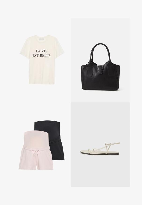 Krém színű, rövid ujjú pamut póló, kerek nyakkal. Az elején középen fekete felirat olvasható: "LA VIE EST BELLE".; Két pár várandós rövidnadrág: az egyik rózsaszín, a másik fekete. Mindkettő elasztikus derékkal rendelkezik, és zsinórral állítható a megfelelő illeszkedés érdekében.; Beige lapos szandál, amelyet több vékony pánt díszít, és állítható csattal rendelkezik. A talpa lapos, az élein enyhe sötét kontraszttal.; Fekete bőr bevásárlótáska sima textúrával, strukturált formával, két fogantyúval és egy figyelemfelkeltő ezüst csattal az elején.