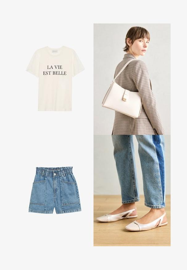 Kremowa koszulka bawełniana z krótkim rękawem i okrągłym dekoltem. Na przodzie znajduje się czarny napis "LA VIE EST BELLE" umieszczony na środku.; Denimowe szorty z elastycznym paskiem w jasnoniebieskim kolorze, cztery kieszenie i widoczne szwy wzdłuż szwów.; Jasnoróżowe baleriny na odkrytej pięcie z wąskim noskiem, wykonane z gładkiego materiału imitującego skórę. Posiadają wycięcia po bokach oraz płaski obcas.; Biała skórzana torebka o strukturalnym wzorze, z magnetycznym zapięciem i paskiem na ramię, zaprezentowana na neutralnym tle.