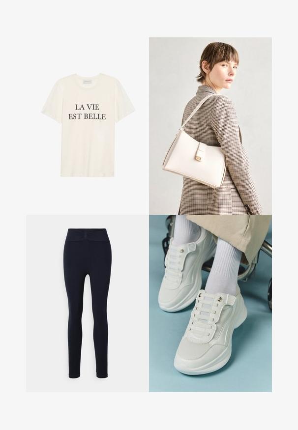 T-shirt in cotone color crema con maniche corte e scollo rotondo. Presenta il testo nero "LA VIE EST BELLE" al centro della parte anteriore.; Yogasearcher NALA - Leggings - navy; Sneaker bianchi realizzati in materiale a rete, suola in gomma, design senza lacci con bande elastiche e dettagli in tonalità oro.; Borsa a mano in pelle bianca con un design strutturato, presente di un clasp magnetico e una tracolla, esposta su uno sfondo neutro.
