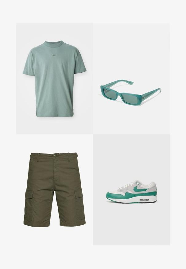 Tricou din bumbac verde, cu mâneci scurte, guler rotund cu încadrare rib și logo-ul Nike brodat pe piept. Textură netedă și croială lejeră.; Pantaloni scurți cargo de culoare verde măslin, confecționați dintr-un material ușor, având două buzunare laterale cu clapete, curea pentru brâu și închidere cu nasture.; Adidașii Nike Air Max 1 au un superioară din plasă gri, accente din piele verde, șireturi albe și o unitate de aer vizibilă în talpă.; Ochelari de soare turquoise cu ramă rectangulară, confecționați din plastic translucid, dotati cu lentile întunecate și un mic logo pe lateral.