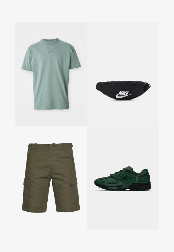 Groene katoenen t-shirt met korte mouwen, geribbelde ronde hals en geborduurd Nike-logo op de borst. Soepele textuur en een ontspannen pasvorm.; Olijfgroene cargoshorts van lichtgewicht stof, met twee zijzakken met kleppen, riemlussen en een knoopsluiting.; Donkergroene Nike hardloopschoen met zwarte accenten, bovenwerk van mesh, veters en een full-length Nike Air zool op een witte achtergrond.; Zwarte nylon heuptas met een ritsluiting, voorzien van een groot wit Nike-logo. Soepele textuur en ergonomisch ontwerp voor comfortabel dragen.