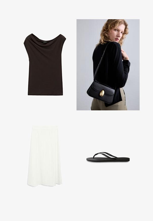 Černý, lehký top s volně splývajícím výstřihem a krátkými rukávy. Hladká textura s jednoduchým, nezdobeným designem.; Bílá sukně ke kolenům s rozšířeným tvarem. Disponuje vertikálními proužky a hladkým povrchem. Jednoduchý pas pro bezpečné uchycení.; Černé žabky s texturovanou gumovou podrážkou, dvěma štíhlými popruhy a jemným, embosovaným logem na popruhu.; Černá kožená kabelka s zakřiveným tvarem, vybavená výrazným zlatým oválným zapínáním, nastavitelným popruhem a minimalistickým designem.
