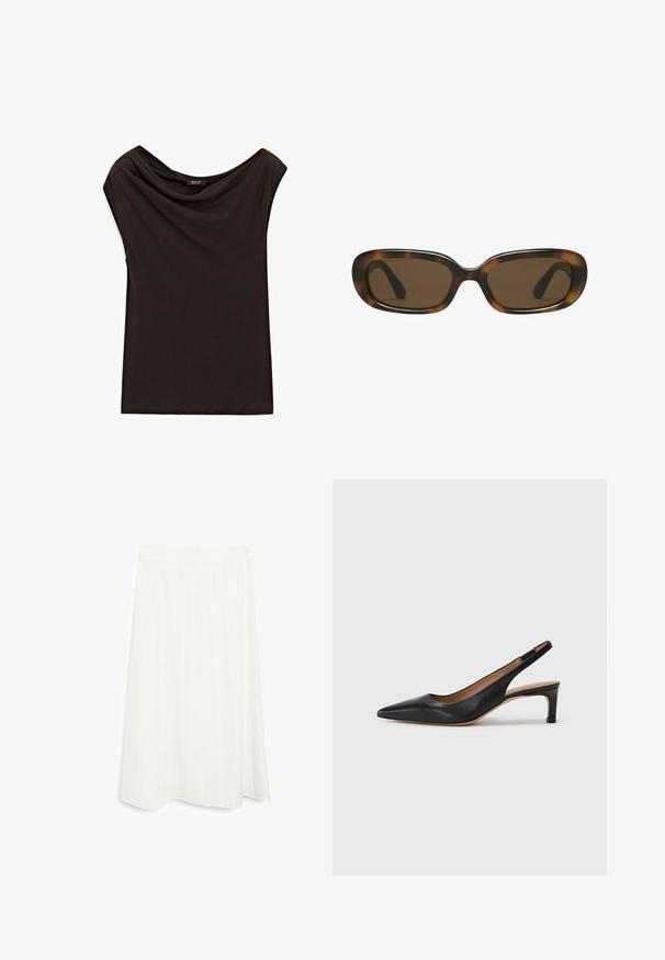 Sort, letvægts top med draperet halsudskæring og ærmeløse kapper. Glat tekstur med et simpelt, udekoreret design.; Hvid, knælang nederdel med en flared form. Har lodrette stikstriber og en glat overflade. Enkel taljeelastik for en sikker pasform.; Sort læder slingback pumpe med spids tå, lav hæl og en glat overflade. Har en tynd justerbar rem for en sikker pasform.; Skildpadde-mønstret solbriller med en glat, afrundet rektangulær ramme og brune linser. Har tynde, buede arme med en blank overflade.