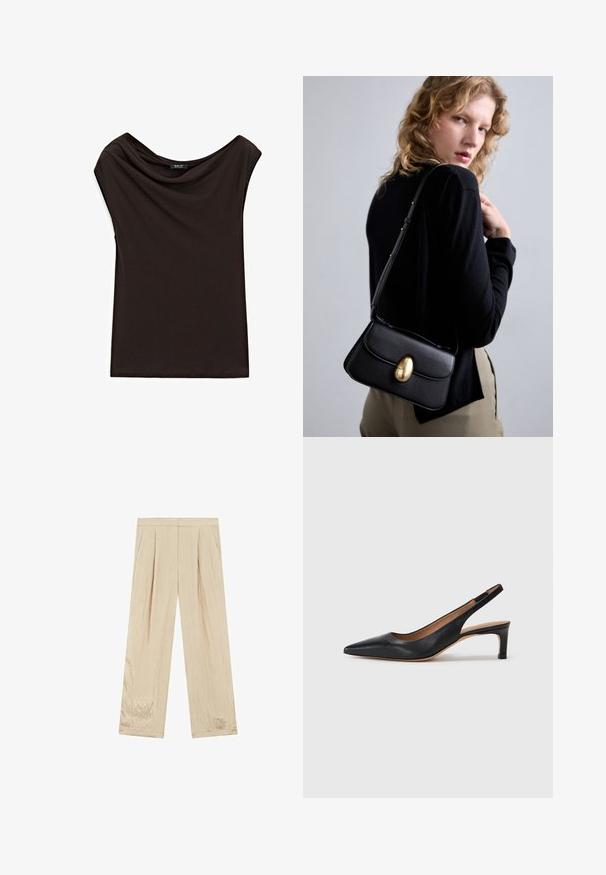 Zwarte, lichtgewicht top met een gedrapeerde halslijn en kapmouwen. Gladde textuur met een eenvoudig, ongeversierd ontwerp.; Beige, wijde broek met plooien; gemaakt van een gemêleerde stof met een subtiele glans; rechte zoom; geen zichtbare zakken of versieringen.; Zwarte leren slingback pump met een puntige neus, lage hak en een gladde textuur. Beschikt over een dunne verstelbare band voor een veilige pasvorm.; Zwarte leren handtas met een gebogen vorm, voorzien van een opvallende gouden ovale sluiting, een verstelbare schouderband en een minimalistisch ontwerp.