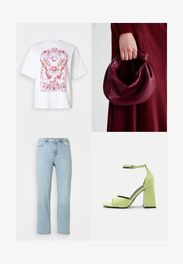 Balta per didelė marškinėlių su rožine drugelių grafika, gėlių akcentais ir tekstu "Aurora Mystic Celestial Revelations."; Šviesiai mėlyni tiesių kojų džinsai su priekine mygtuko ir užtrauktuko uždarymo sistema, diržo kilpos ir klasikinis penkių kišenių dizainas.; Even&Odd Aukštakulniai sandalai - light green; Bordo odinė rankinė su minkštu, susiraukšlėjusiu dizainu ir apvalia forma. Rankena yra tvirtai pritvirtinta, atskleidžianti lygią tekstūrą.; Sidabro auskarų rinkinys su įvairiais dizainais: smeigės, žiedai ir kabantys stiliai, papuošti žėrinčiomis detalėmis geometrinėmis ir teminėmis formomis.
