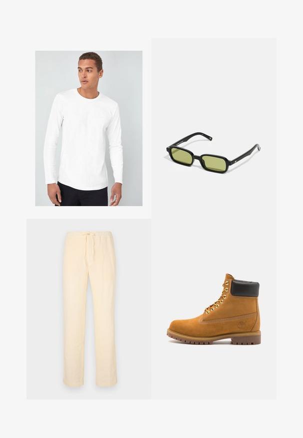 Biała koszula z długim rękawem o okrągłym dekolcie, wykonana z gładkiego materiału bawełnianego, noszona przez modela na jasnym tle.; Jasnożółte, luźne spodnie wykonane z miękkiego materiału, z elastycznym pasem ze sznurkiem i prostymi nogawki.; Beżowe zamszowe botki sięgające kostki z czarną wyściełaną krawędzią, złotymi oczkami, białymi detalami szycia oraz wytrzymałą gumową podeszwą z wyraźnym bieżnikiem.; Czarne okulary przeciwsłoneczne o kanciastym designie, z zielonymi soczewkami i gładkimi plastikowymi oprawkami. Posiadają złote akcenty na zausznikach.