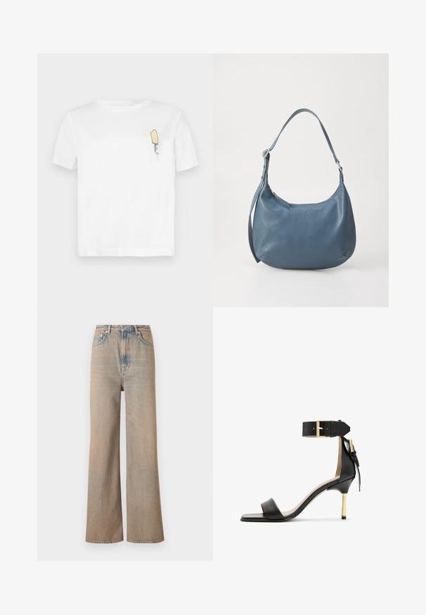 Bijela pamučna majica kratkih rukava s minimalističkim, izvezenim grafikom žutog sladoleda na lijevoj strani prsnog područja.; Svijetloplave široke traperice s visokim strukom, napravljene od denima. Imaju suptilnu šavovu obradu i pet džepova, s lagano izblijeđenom teksturom.; Crne kožne sandale s potpeticom, kvadratnim prstom, remenom oko gležnja s zlatnom kopčom i tankom metalnom potpeticom. Glatka tekstura, minimalistički dizajn.; Plava kožna torba u obliku kruške, s jednim remenom za rame, zatvaranjem na patentni zatvarač i utisnutim nazivom brenda sprijeda. Glatka tekstura.