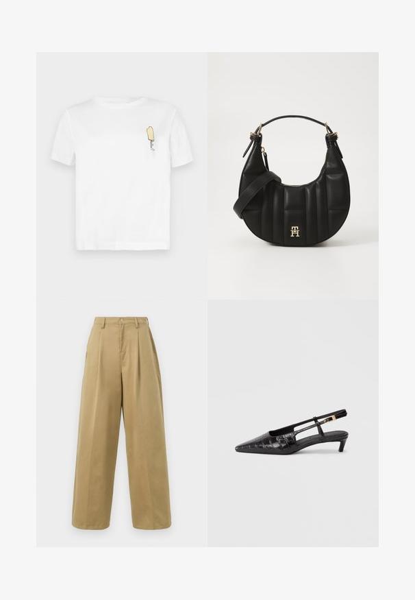 Weißes Baumwoll-T-Shirt mit kurzen Ärmeln, das auf der linken Brustseite ein minimalistisches, gesticktes gelbes Eis am Stiel-Design zeigt.; Beige weit geschnittene Hose aus Baumwollmischung, mit flachem Vorderteil und Falten, Knopfverschluss und glatter Oberfläche.; Schwarze Leder-Pumps mit spitzer Zehenform, Kroko-Prägung, kleinem gestapeltem Absatz und verstellbarem Riemen mit metallicfarbener Schnalle.; Schwarze Lederhandtasche mit geschwungener Form, gequilteter Textur und goldenen Beschlägen. Sie verfügt über einen abnehmbaren Schultergurt und ein Logodetail.