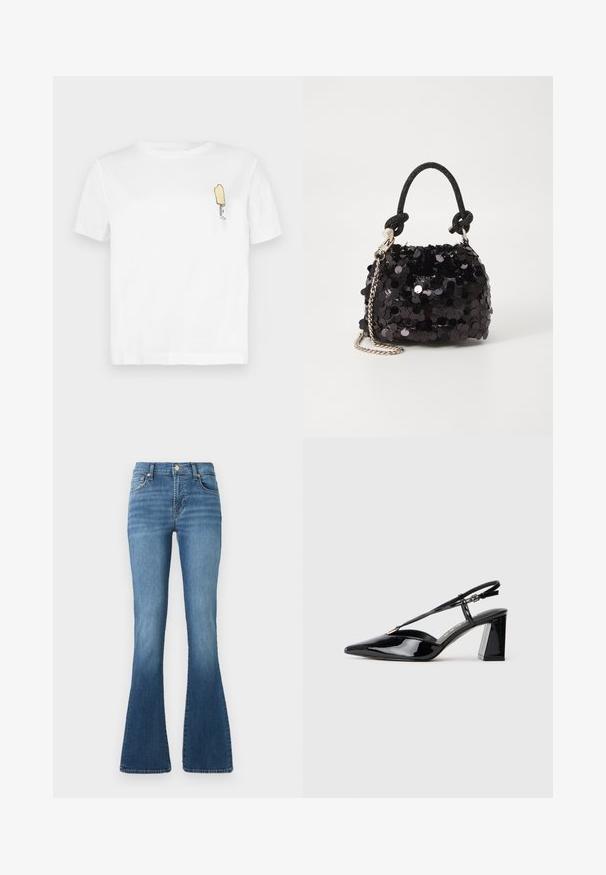T-shirt blanc en coton à manches courtes, présentant un graphique minimaliste de popsicle jaune brodé sur la partie gauche de la poitrine.; Jean en denim bleu évasés avec une taille haute, comportant une fermeture à bouton à l'avant, un léger délavage et une texture lisse et douce.; Chaussures à talons hauts en cuir verni noir, avec un bout pointu, une sangle réglable et un talon rectangulaire épais.; Mini sac à main en sequins noirs avec une bandoulière texturée nouée et une chaîne argentée. Forme arrondie avec un haut froncé et des détails réfléchissants.