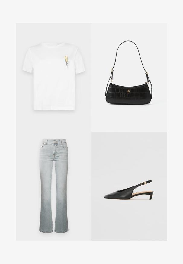 T-shirt de algodão branca com mangas curtas, apresentando um gráfico minimalista de um picolé amarelo bordado na área do peito esquerdo.; Calças jeans azul claro com corte flare e cintura alta, feitas de denim. Apresentam fecho de botão, cinco bolsos e desbotamento subtil para textura.; Sandal de salto em couro preto, com bico fino, salto baixo e uma corrente ajustável no tornozelo com um fecho em tom dourado. Textura suave.; Bolsa de mão em pele negra com textura de crocodilo, forma esguia e detalhes em dourado. Apresenta uma única alça de ombro e detalhe de logotipo em relevo.