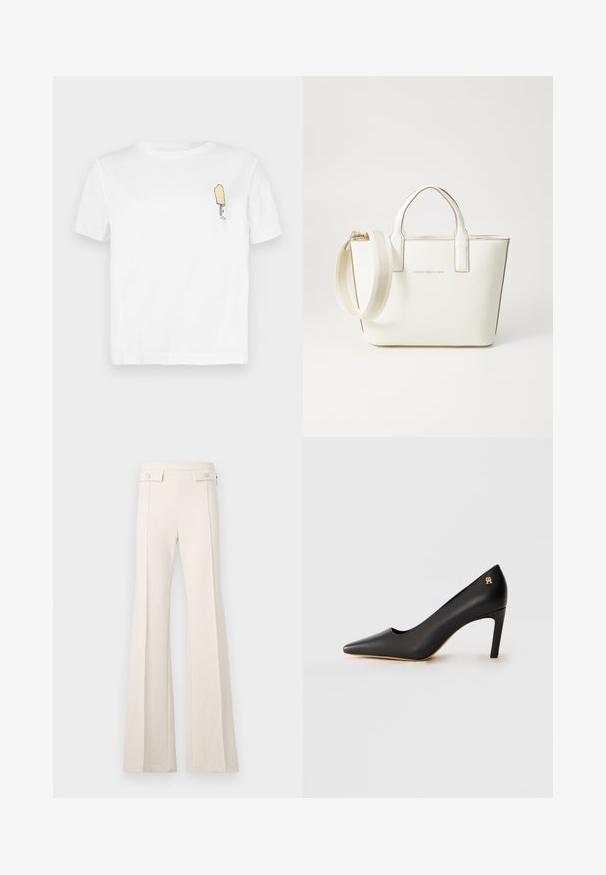 T-shirt de algodão branca com mangas curtas, apresentando um gráfico minimalista de um picolé amarelo bordado na área do peito esquerdo.; Calças cream de cintura alta com pernas largas, detalhe de costura frontal e bolsas com aba e botões na cintura.; Sapatilha preta de couro de bico apontado com salto stiletto de altura média e pequeno emblema dourado perto do salto, em fundo branco.; Bolsa de mão em imitação de couro branco, com alças curtas, alça de ombro ajustável e acabamentos em tom dourado; apresenta um logo discreto na parte da frente.