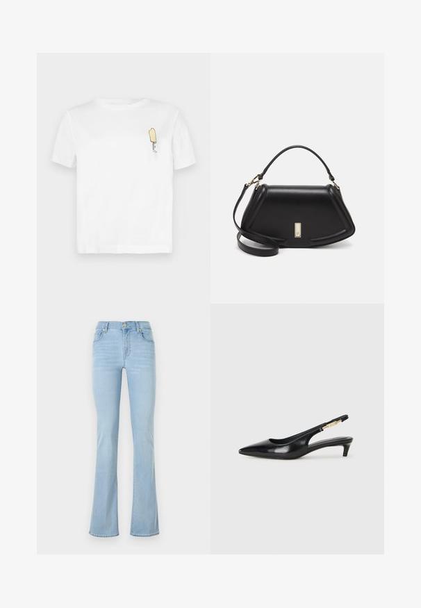 T-shirt blanc en coton à manches courtes, présentant un graphique minimaliste de popsicle jaune brodé sur la partie gauche de la poitrine.; Jeans évasés bleu clair en denim, présentant une taille haute, cinq poches, un bouton à l'avant et des détails de couture minimaux.; Talons hauts en cuir noir avec un bout pointu, dotés d'un talon fin et d'un accent en ton or sur la lanière réglable. Texture lisse.; Sac à main en cuir noir avec un design structuré, featuring une forme cropped, une poignée supérieure et des accents en matériel doré. Bandoulière réglable incluse.