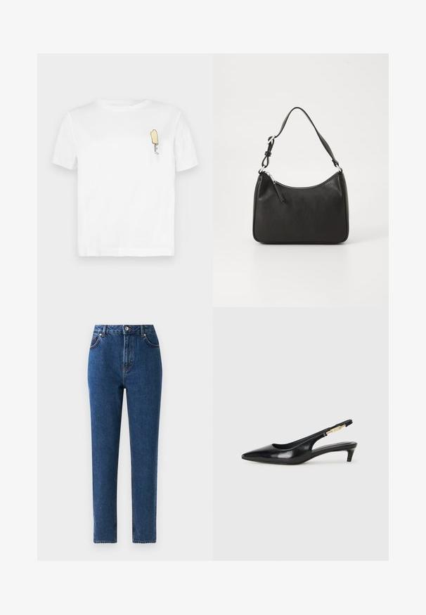 Balta medvilninė marškinėliai trumpomis rankovėmis su minimalistiniu, siuvinėjamu geltonu ledų piešinėliu kairėje krūtinės pusėje.; Aukštos juosmens mėlynos džinsinės kelnes tiesiomis kojomis, penkiomis kišenėmis, metaliniu mygtuko užsegimu ir siūlėmis dekoruota detalėmis.; Juodas odinis pavasario batelių modelis su smailiu nosiu, turintis siaurą kulniuką ir auksinės spalvos akcentu reguliuojamoje juostoje. Lygi tekstūra.; Juoda odinė rankinė su išlenkta forma, viena dirželiu, užtrauktuko uždarymu ir subtiliu ženklinimu priekyje. Lygus paviršius, minimalistinis dizainas.