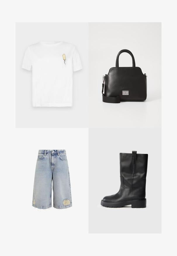 Balta medvilninė marškinėliai trumpomis rankovėmis su minimalistiniu, siuvinėjamu geltonu ledų piešinėliu kairėje krūtinės pusėje.; Šviesiai mėlyni džinsiniai šortai su platėjančia sukirpimo forma, suplėšytomis apačiomis ir nusidėvėjimo vietomis su matomomis siūlėmis. Klasikinis penkių kišenių dizainas.; Juodos odinės kelio ilgio bootai su elegantišku dizainu, turintys storą padas ir šoninius traukimo antkaklius patogiam užsitempimui. Išskirtiniai siuvimo akcentai.; Juodas sintetinės medžiagos rankinės su viršutinėmis rankenomis, nuimamu peties diržu, apvalia forma, lygia tekstūra ir sidabriniu logotipo akcentu priekyje.