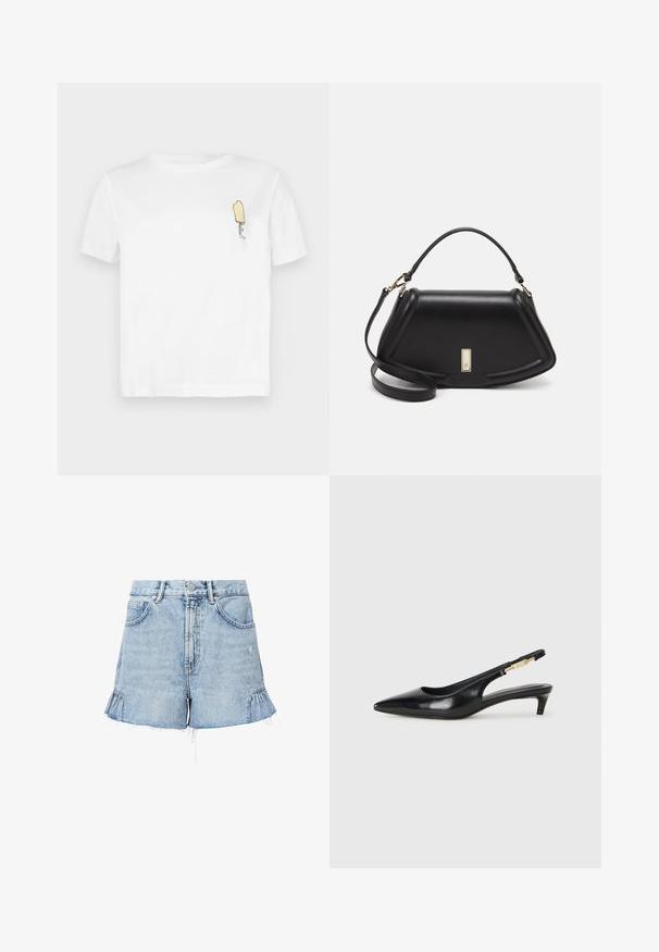 Camiseta de algodón blanca con mangas cortas que presenta un gráfico minimalista de un helado amarillo bordado en el lado izquierdo del pecho.; Shorts de denim azul claro con dobladillo deshilachado, que presentan volantes laterales, bolsillos frontales y un cierre de botón con cremallera.; Tacones negros de piel sintética tipo slingback con punta afilada, que cuentan con un tacón delgado y un detalle en tono dorado en la correa ajustable. Textura suave.; Bolso de mano de cuero negro con un diseño estructurado, que presenta una forma recortada, asa superior y acentos en dorado. Correa de hombro ajustable incluida.