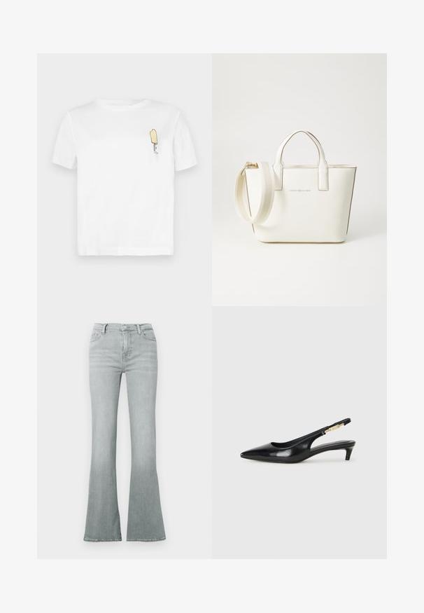 Bela bombažna majica s kratkimi rokavi, ki ima minimalistični, vezeni grafični motiv rumene sladoledne palice na levi prsni strani.; Svetlo sive razširjene kavbojke iz jeansa, z visokim pasom, dizajnom s petimi žepi in gladko teksturo s subtilnim bledenjem.; Črne usnjene sandale na peto z ostro konico, ki imajo tanko peto in zlat ton na nastavljivem traku. Gladka tekstura.; Bela sintetična usnjena torbica z kratkimi ročaji, nastavljivim ramenskim trakom in zlatim kovinskim okovjem; na sprednji strani je subtilen logotip.