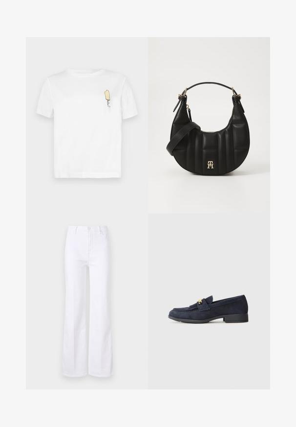 Fehér pamut rövid ujjú póló, minimalista, hímzett sárga jégkrém grafikával a bal mellrészen.; Fehér, krepp fazonú farmernadrág, magas derékkal, elülső zsebekkel és gombos záródással. Sima textúra és tiszta vonalak.; Tengeri kékszínű suede loaferek alacsony fekete sarkú, elől dekoratív aranyszínű részlettel és lekerekített orrformával.; Fekete bőrtáska ívelt formával, steppelt textúrával és arany hardware-rel. Levehető vállpánttal és logó részlettel rendelkezik.