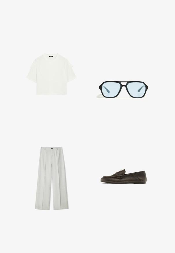 White cropped t-shirt made of cotton, featuring a round neckline, short sleeves with adjustable ties on shoulders, and a relaxed fit.; Light gray wide-leg trousers made of a textured fabric, featuring a button closure and two pleats at the front for added detail.; Dark brown leather loafers with a flat sole, featuring a woven design on the front and a smooth texture. Subtle stitching detail along the edges.; Black sunglasses with rectangular frames, blue-tinted lenses, and a distinctive bridge design. Sleek finish, understated texture.; Black leather handbag with dual shoulder straps, rectangular shape, and minimalistic design on a white background.